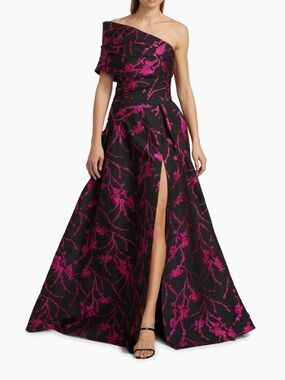 Pamella Roland Floral Fil Coupe Black and Fuchsia One-Shoulder Floral Maxi Gown